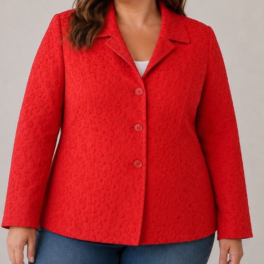 TanJay Jacket Women's 16 Red Cotton Blend Textured Circle Print Retro Statement